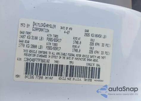 2007 Dodge Durango Slt z USA, uszkodzony, nr VIN 1D8HD48P77F566102